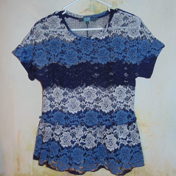 Eva Franco Anthropologie Sheer Striped Lace Peplum Top Blouse Size S Navy Blue - Picture 2 of 6
